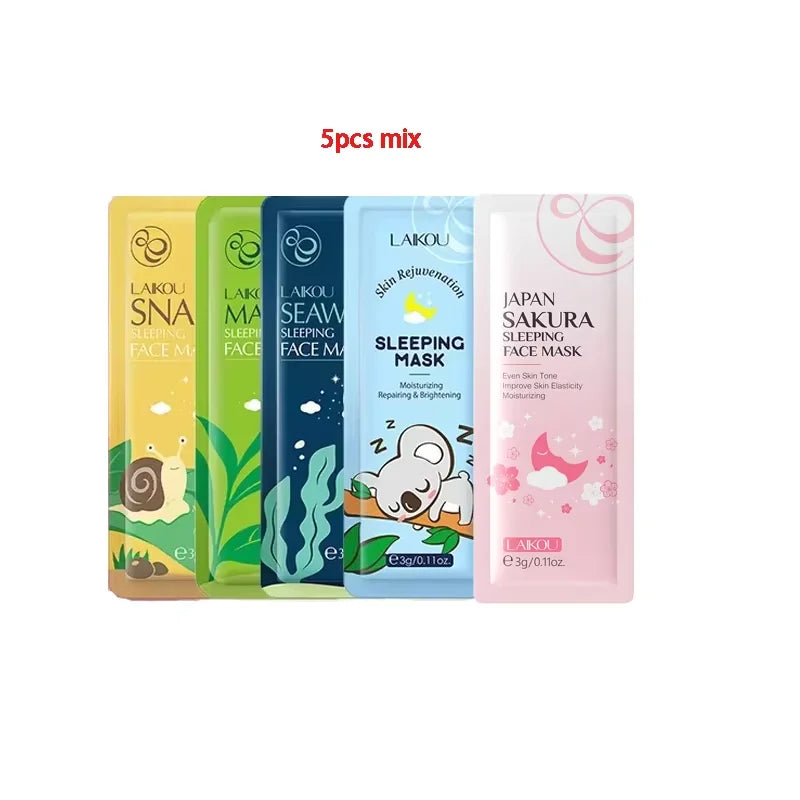 5 Pcs Laikou Sleeping Face Mask Combo – Matcha, Sakura, Seaweed, Snail & Rejuvenation | Moisturizing, Brightening & Repairing