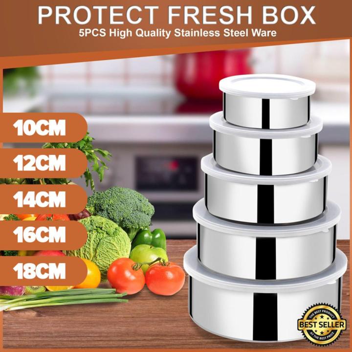 5 Pcs Stainless Steel Food Storage Container Set – Airtight Fresh Box with Lids (10cm–18cm)