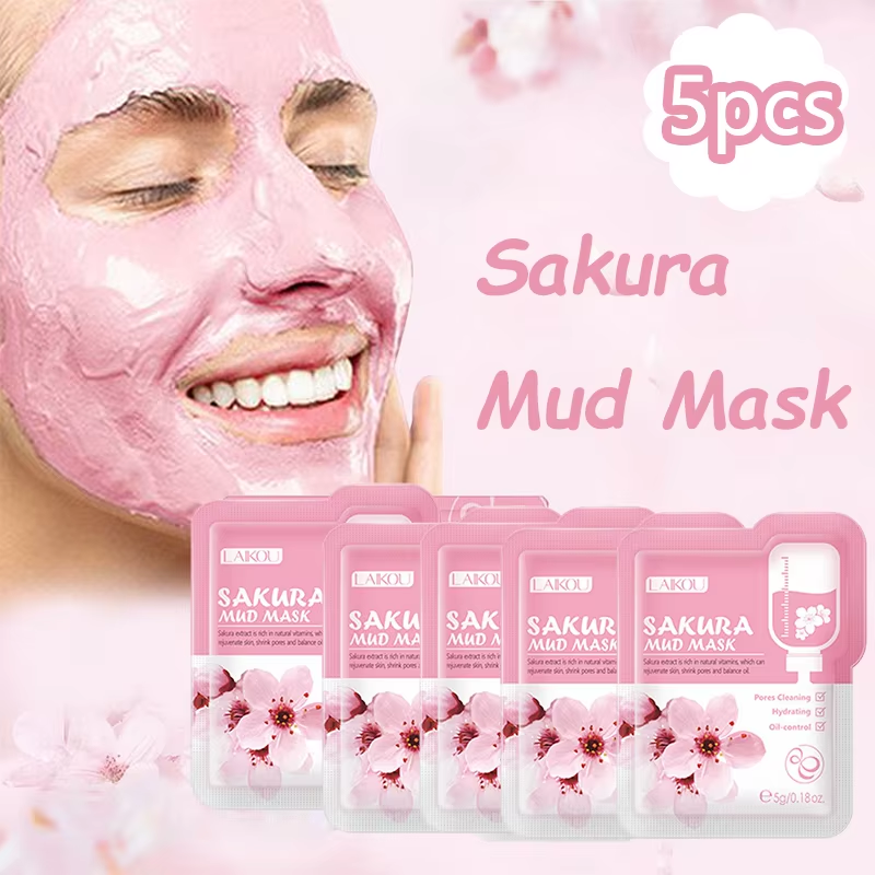 5 Pcs Sakura Mud Mask Combo – Deep Pore Cleansing, Brightening & Hydrating Face Mask
