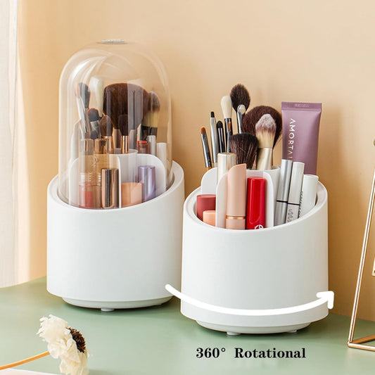 Dust-Proof Makeup Brush Organizer – Rotating Cosmetic Storage Box with Cover | Brush & Makeup Holder