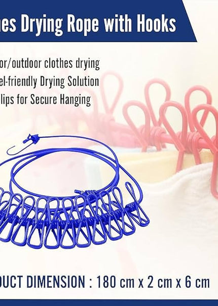 Portable Clothes Drying Rope 12 Clips