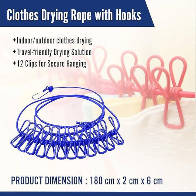Portable Clothes Drying Rope 12 Clips