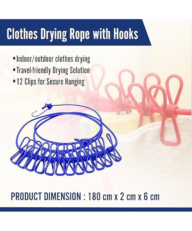 Portable Clothes Drying Rope 12 Clips