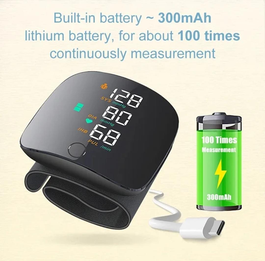 Rechargeable Digital Wrist Blood Pressure Monitor – 300mAh Battery, LED Display & One-Touch Measurement