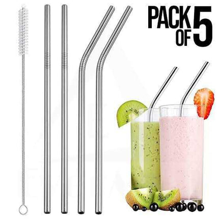 Pack of 5 Stainless Steel Reusable Straws
