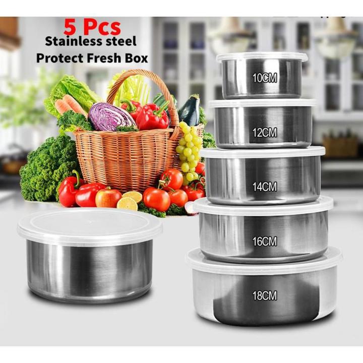 5 Pcs Stainless Steel Food Storage Container Set – Airtight Fresh Box with Lids (10cm–18cm)