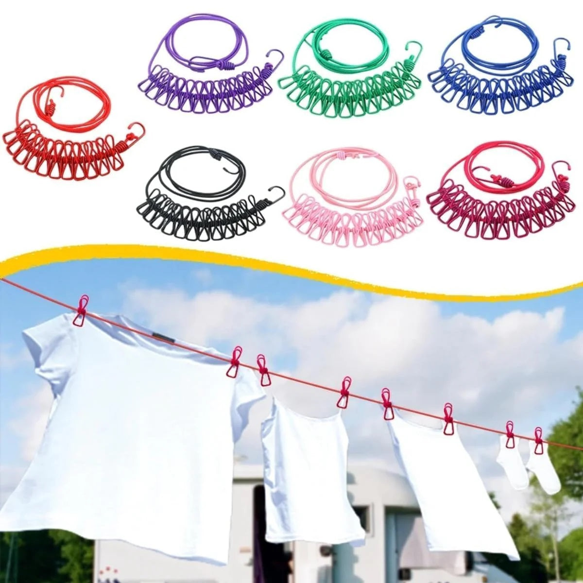 Portable Multi-Functional Clothes Drying Rope – 12 Clips & 2 Hooks, Durable Travel & Outdoor Hanging Line (Multicolor)